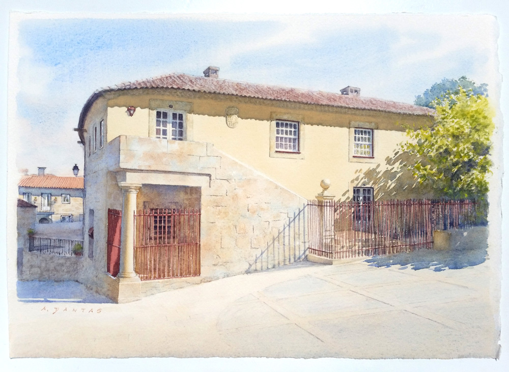 Aguarela da Casa S. João Baptista (casa de Delfim Guimarães), Ponte de Lima - Aguarelas de casas por A. Dantas