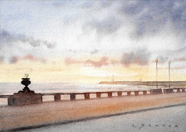 Aguarela da praia de Vila Praia de Âncora, Caminha, Viana do Castelo. Pôr do sol com nuvens pintada por A. Dantas.