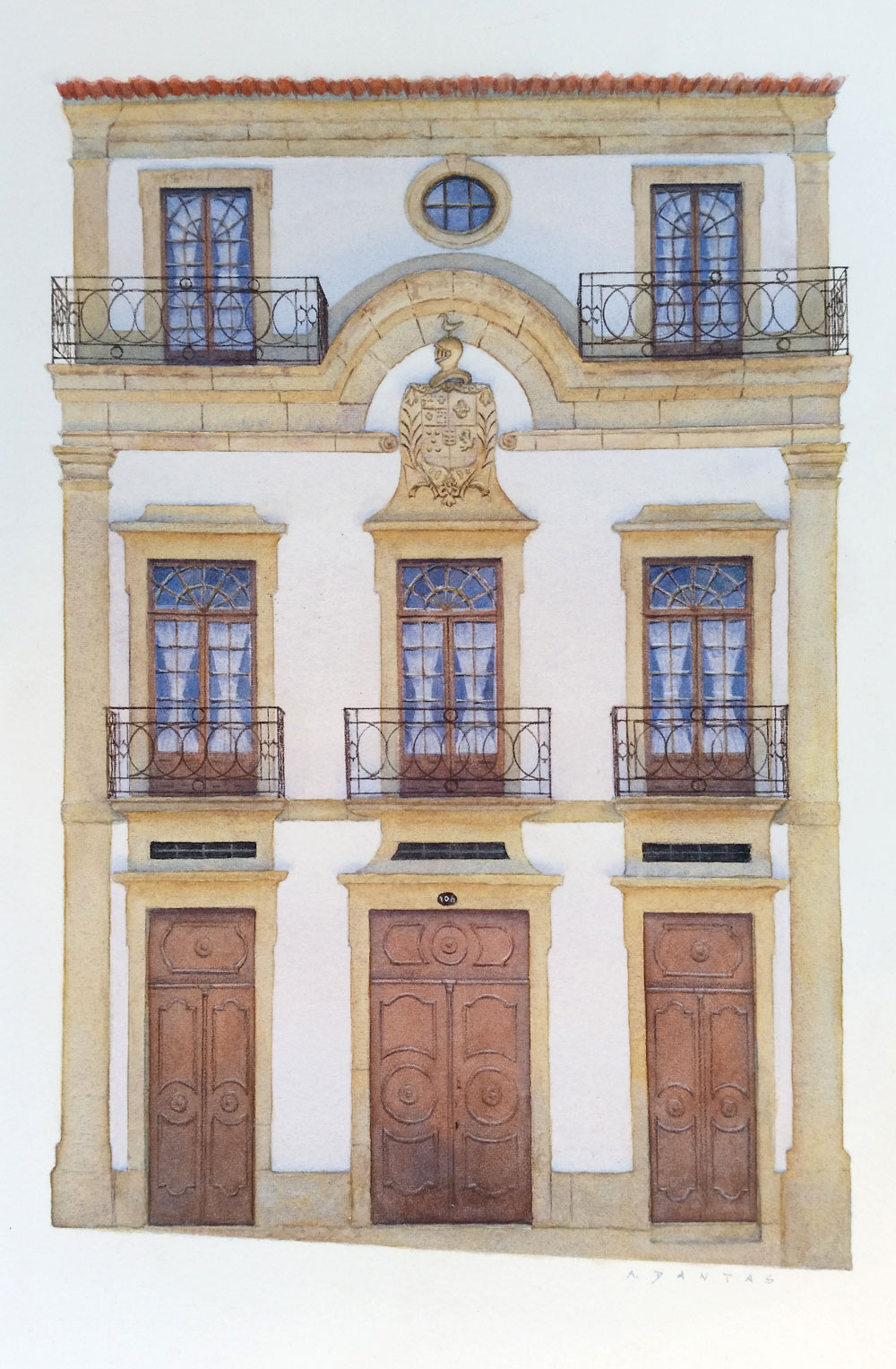 Aguarela da Casa do Guardal, Guimarães, aguarelas de casas por A. Dantas