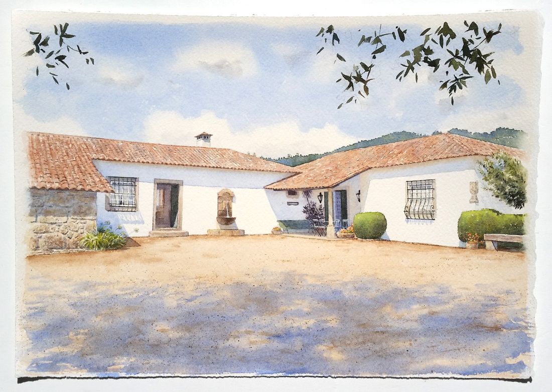 Aguarela da Casa do Outeiro, Ponte da Barca - 2023 - Aguarela sobre papel Arches - 22 x 31 cm - Aguarelas de casas por A. Dantas