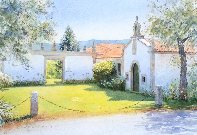 Pintura a aguarela da Casa de Abbades em Ponte de Lima por A. Dantas - aguarelas e retratos por encomenda