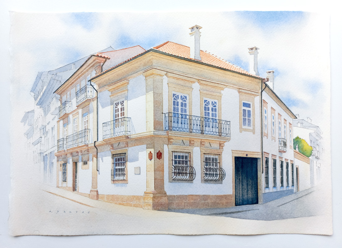 Aguarela da Casa Norton de Matos (centro da vila, Ponte de Lima) pintada por A. Dantas- Aguarelas de casas.