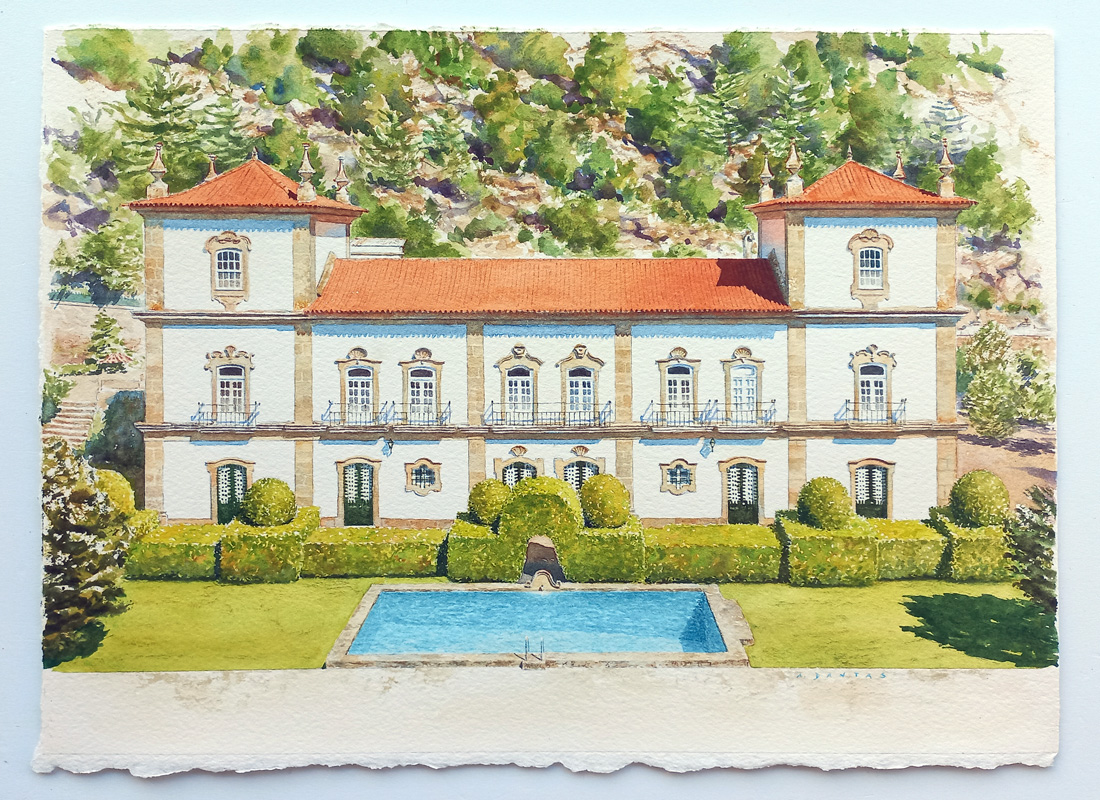 Pintura a aguarela de uma casa senhorial com piscina, Casa das Torres (Facha, Ponte de Lima) pintada por A. Dantas