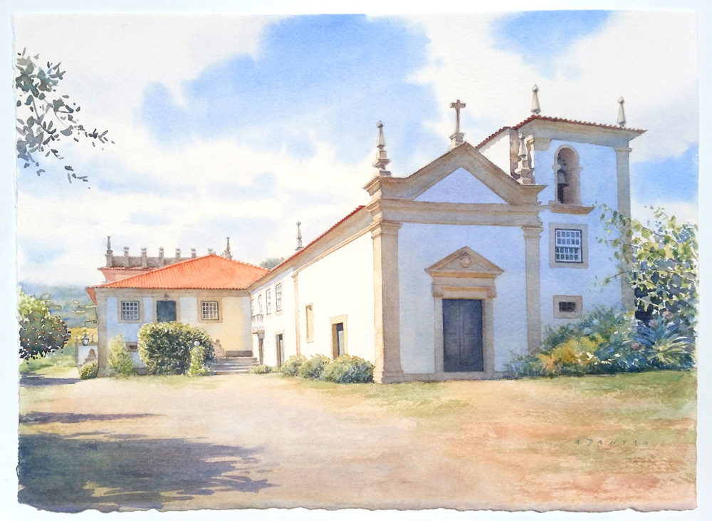 Pintura de uma casa senhorial, aguarela da Casa de Casais em Ponte de Lima - Aguarelas de casas por A. Dantas