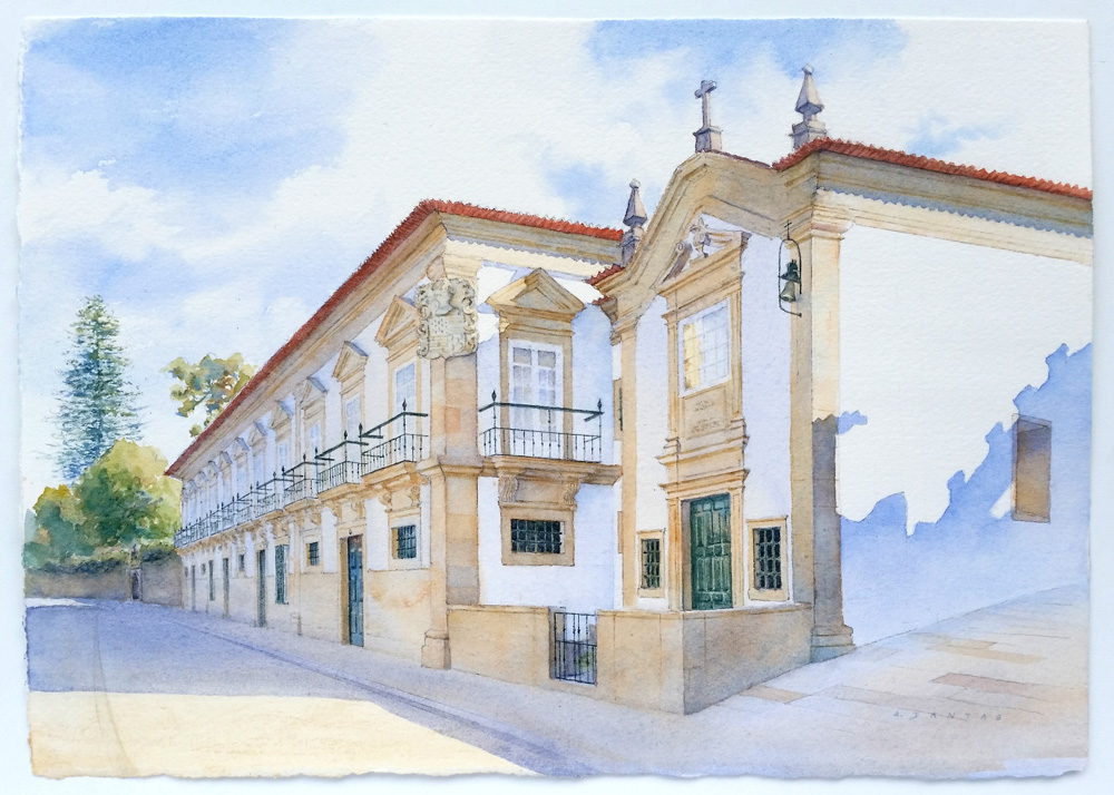 Pintura de casa senhorial, aguarela da Casa de Aurora, Ponte de Lima por A. Dantas