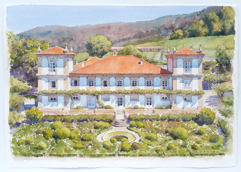 Pinturas de casas senhoriais, pintura a aguarela do Paço de Calheiros, Ponte de Lima por A. Dantas