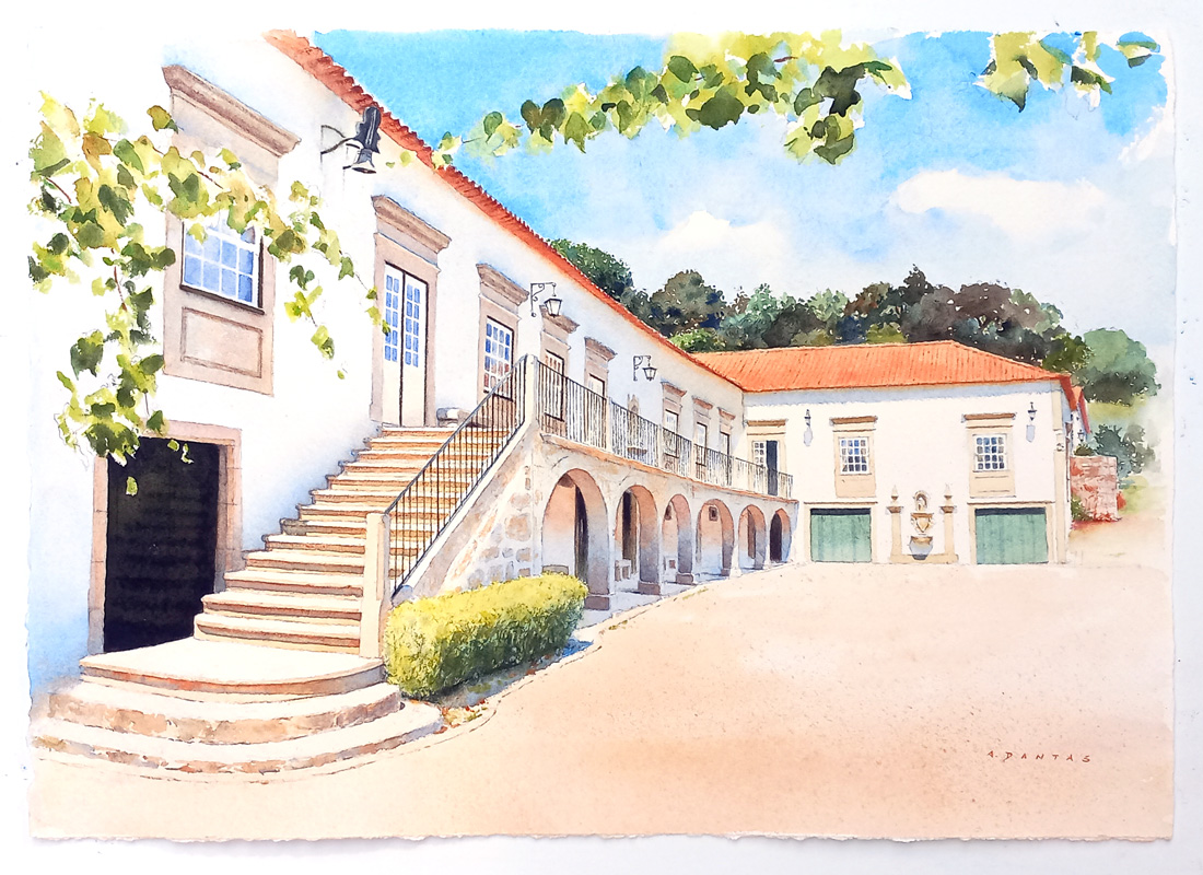 Pintura a aguarela do Paço de Anha (Vila Nova de Anha, Viana do Castelo) - Aguarelas de casas por A. Dantas