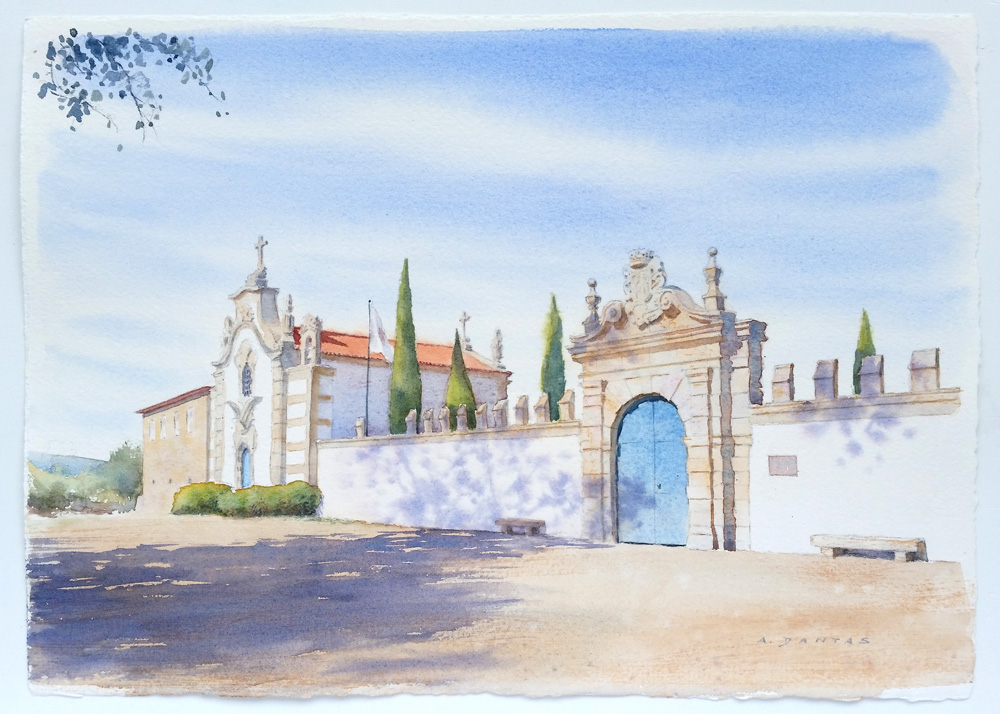 Vista do exterior do Paço de Vitorino em Ponte de Lima. Pintura a aguarela de uma casa senhorial pintada por A. Dantas