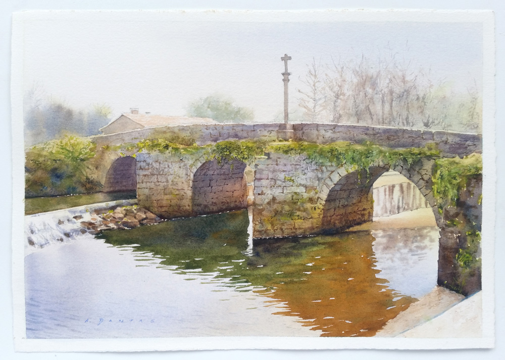 Aguarela da Ponte Romana de Estorãos, Ponte de Lima por A. Dantas