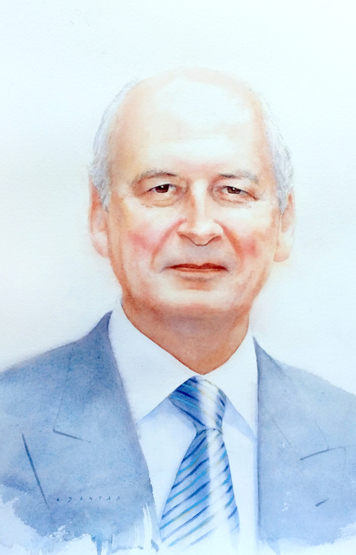 Retrato feito a aguarela de um senhor de fato e gravata a sorrir.