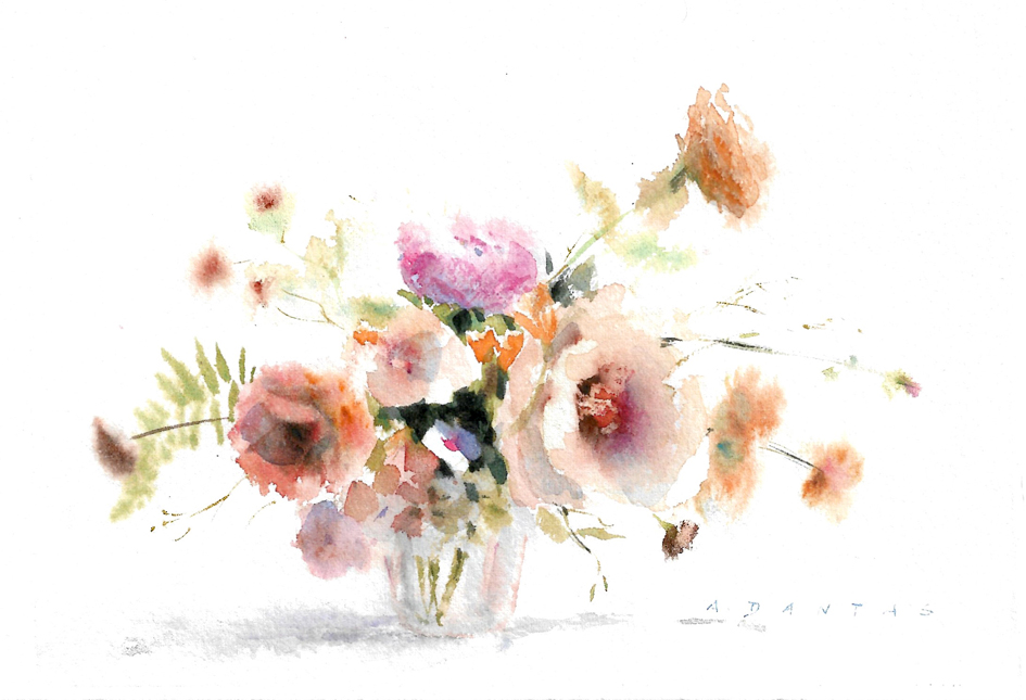 Original floral watercolor painting of a summer garden bouquet on cotton paper.