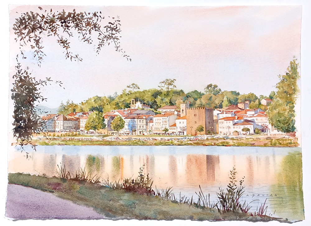Aguarela da Vista da Vila, Ponte de Lima por A. Dantas