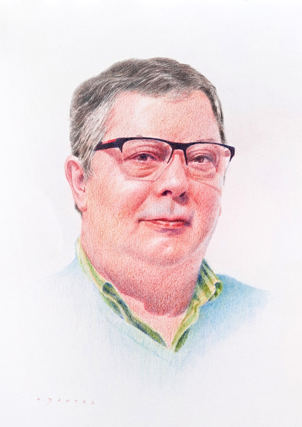 Desenho de um retrato feito a lápis de cor de um senhor por A Dantas.